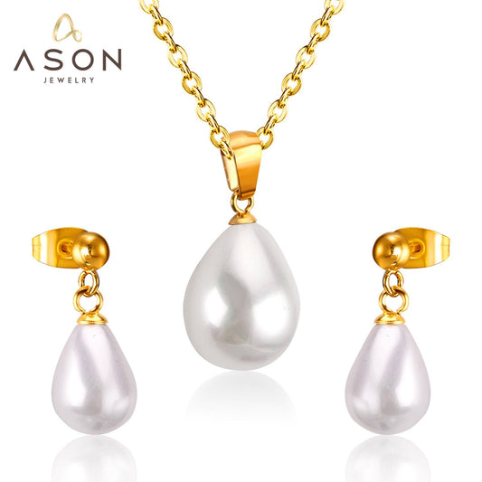 ASON Vintage Bridal Water Drop Pendant Necklace Small Stud Earrings Jewelry Set Gold Color Stainless Steel for Women Trendy