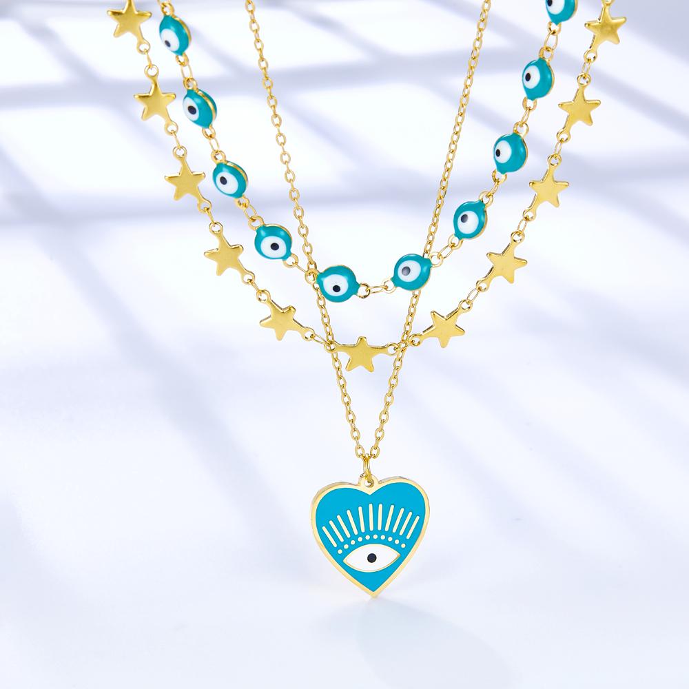 Triple Layered Green Necklaces Heart Eyes Pendant Collier For Trendy Woman Aesthetic Stars Chains Evil Eyes Choker