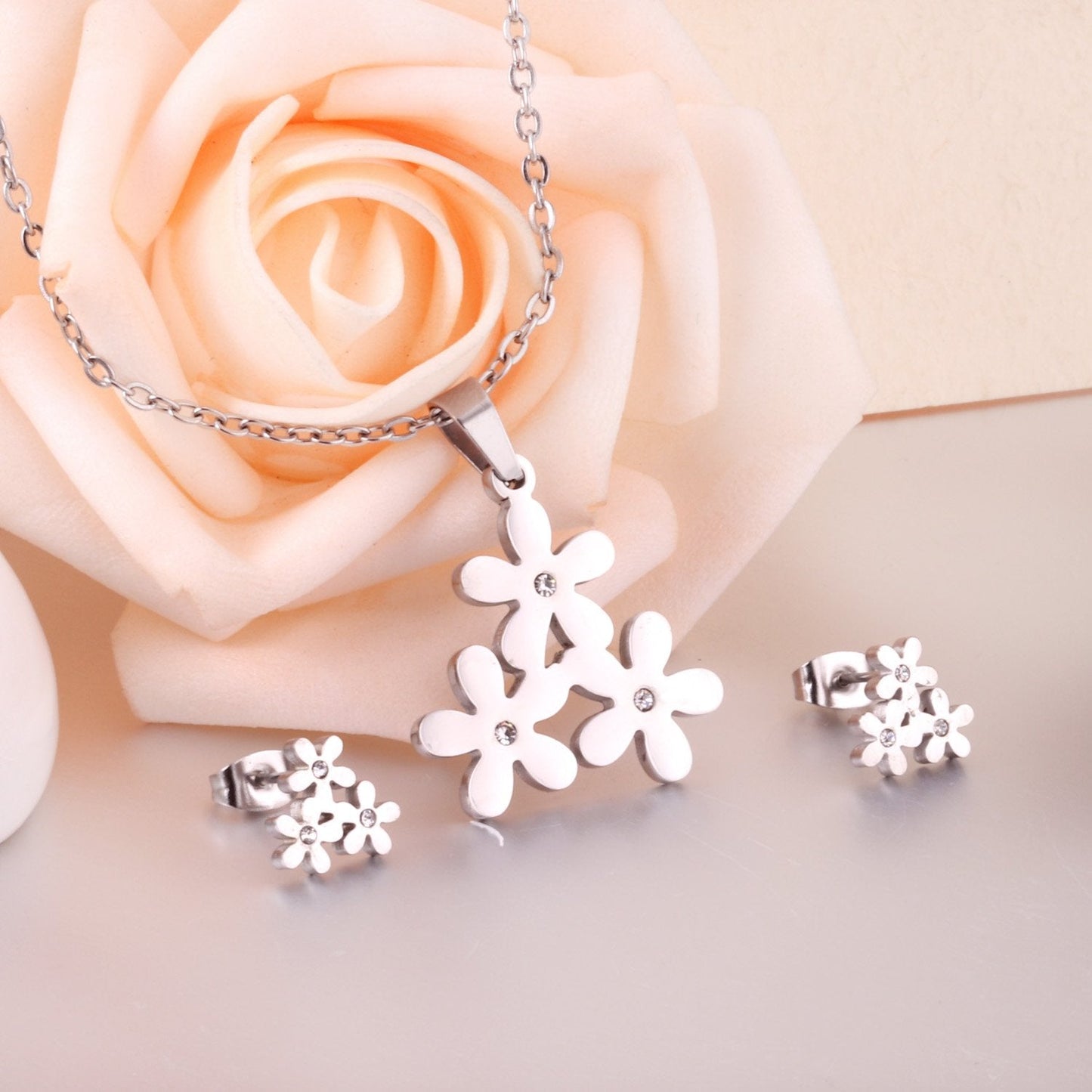 Stainless Steel Jewelry Sets For Women Bridal Dubai Flower Crystal Earrings Necklace Jewellery Set Accessories
