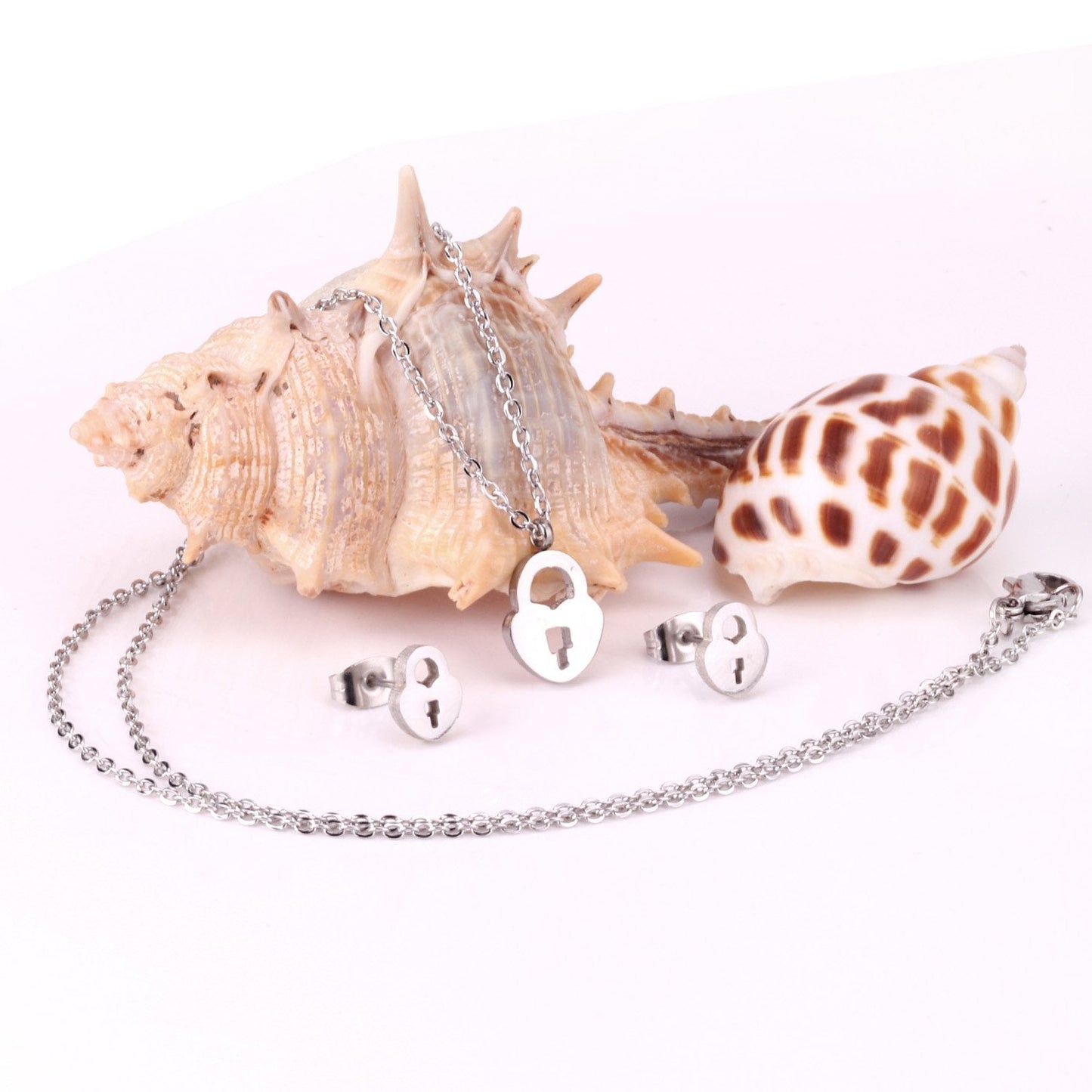 Heart Shape Lock Stainless Steel Silver Color Necklaces Earrings Sets For Ladies Party Jewelry Set pendientes mujer