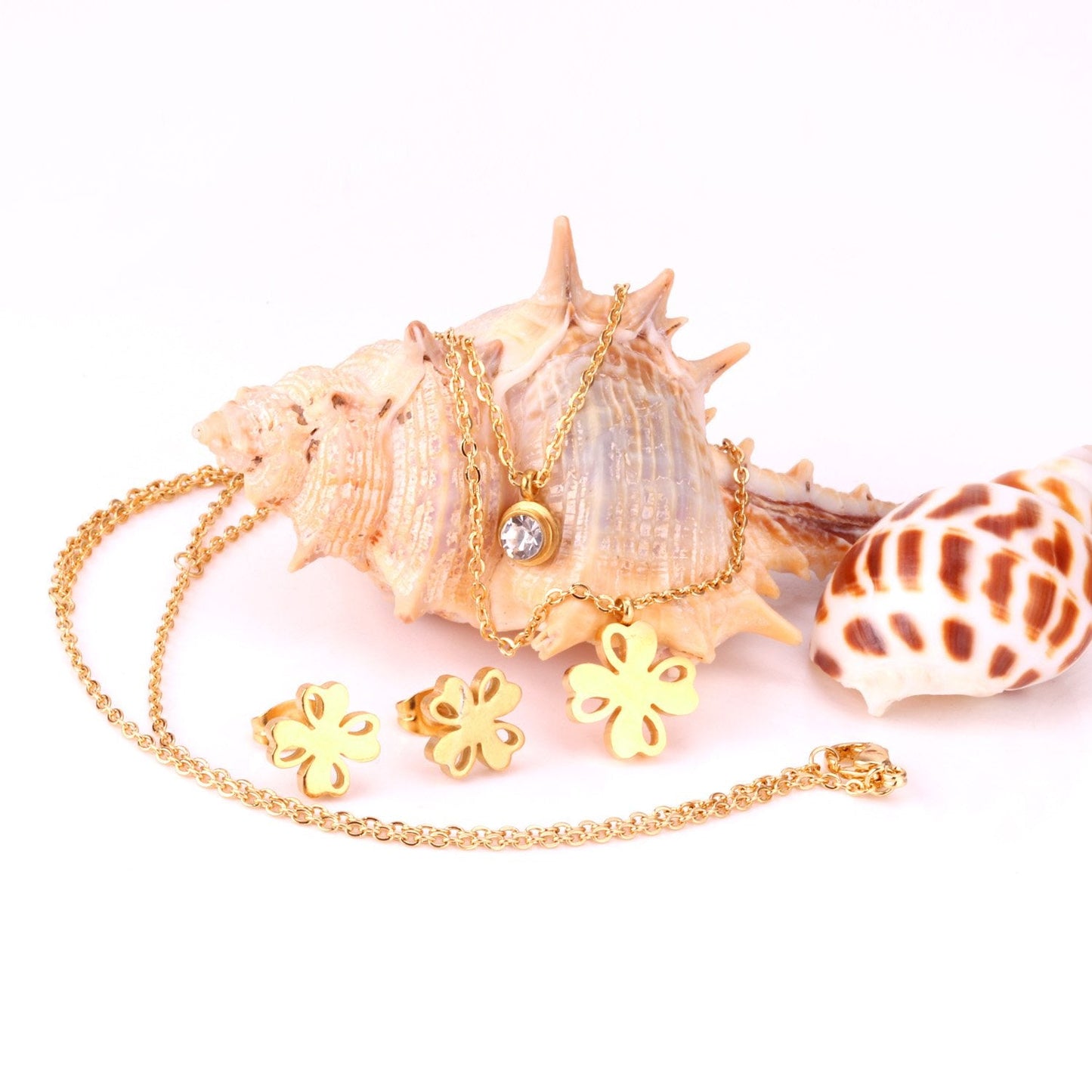 Flower Pendant Chain Crystal Gold Stainless Steel Double Necklace Stud Earrings Sets For Women  African Jewelry Set
