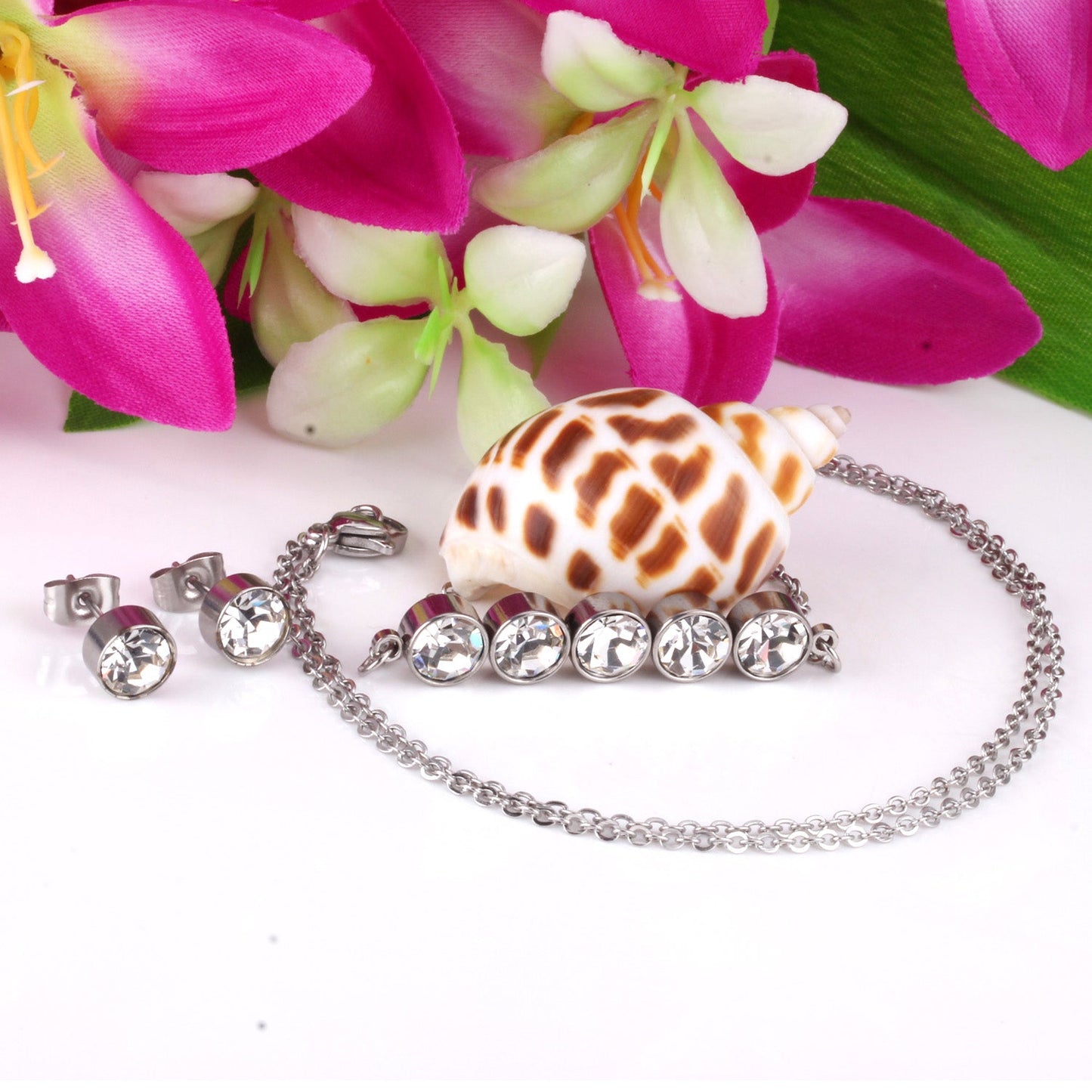 Gold/steel five white diamonds arranged in a word jewelry set