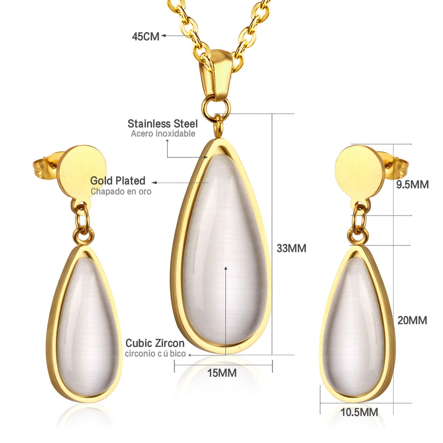 Luxury Weding Dubai Bridal Jewelry Sets Of Necklace And Earing Water Drop Stone Trendy Stainlee Steel Set For Women