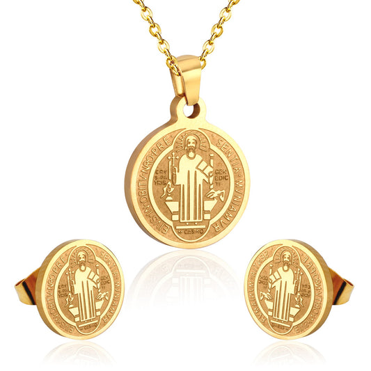 Steel/golden surface etching out the king pattern cut jewelry set without diamonds