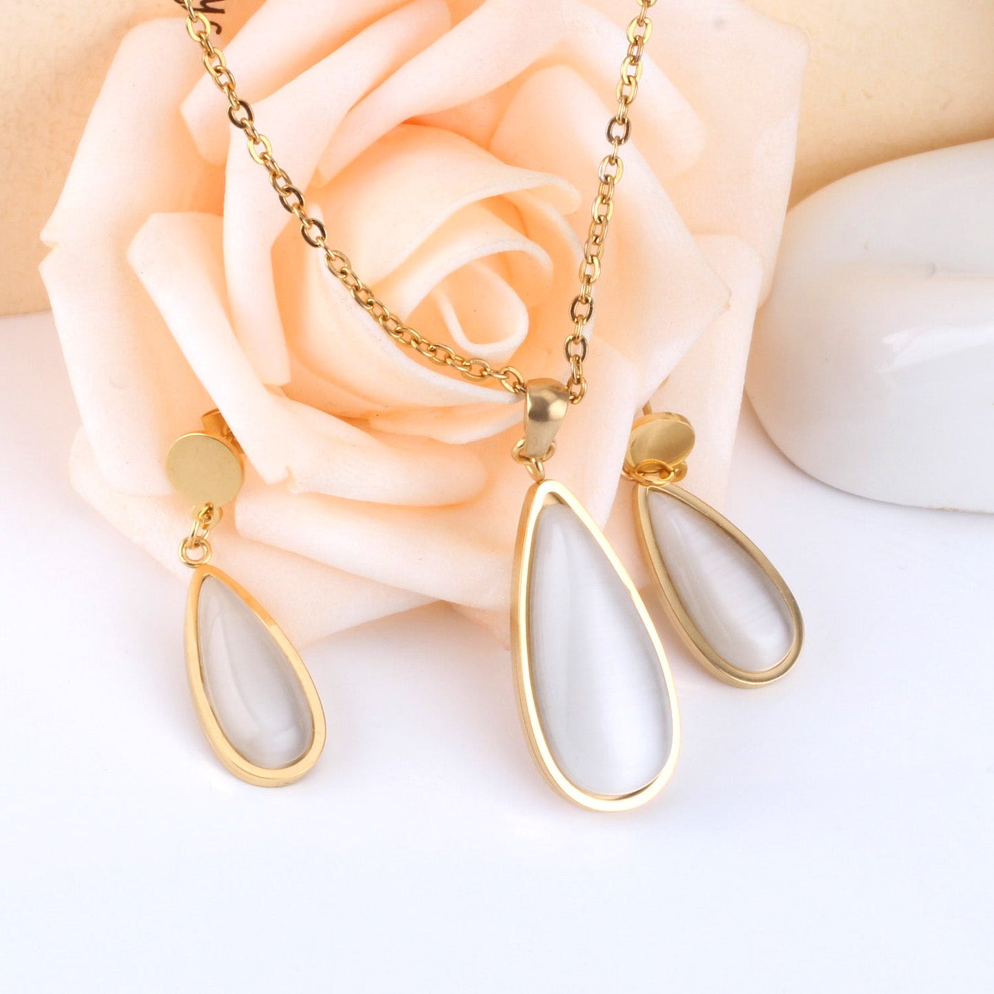 Luxury Weding Dubai Bridal Jewelry Sets Of Necklace And Earing Water Drop Stone Trendy Stainlee Steel Set For Women
