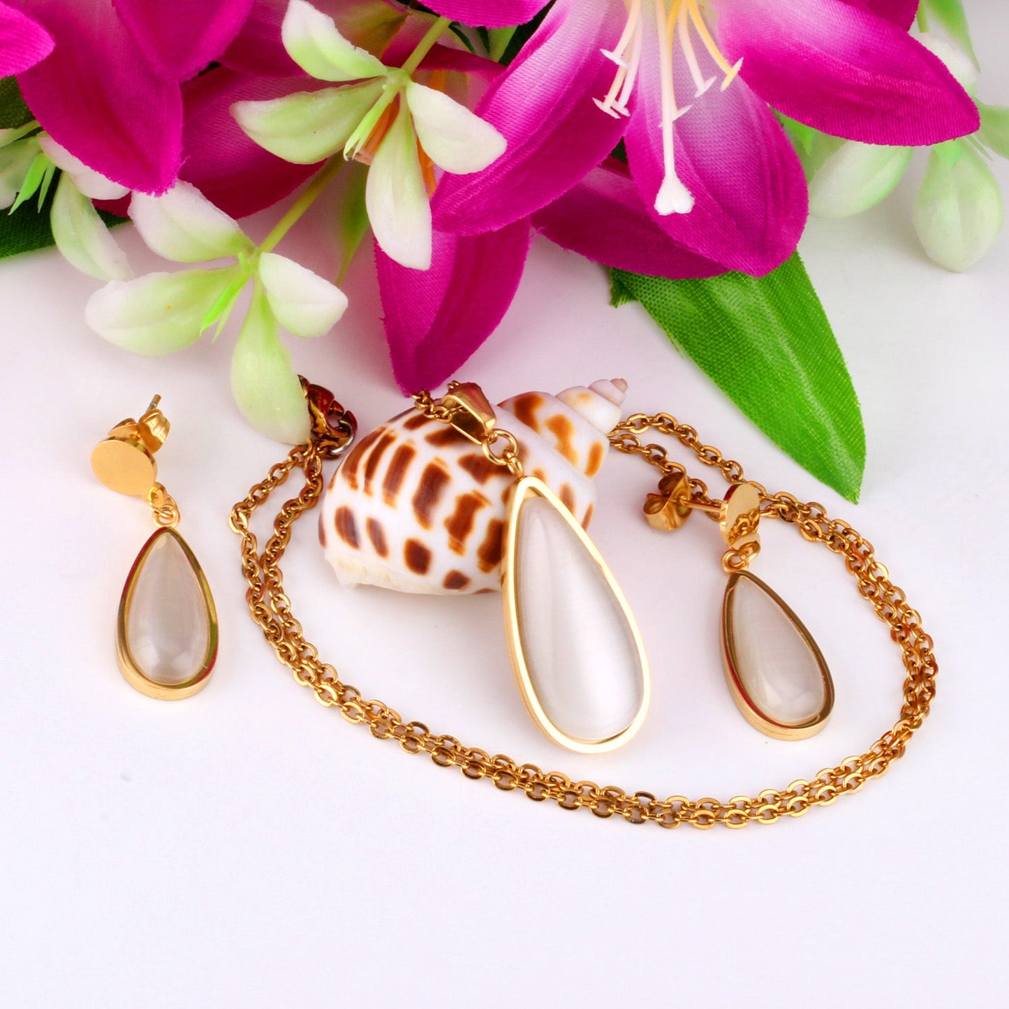 Luxury Weding Dubai Bridal Jewelry Sets Of Necklace And Earing Water Drop Stone Trendy Stainlee Steel Set For Women