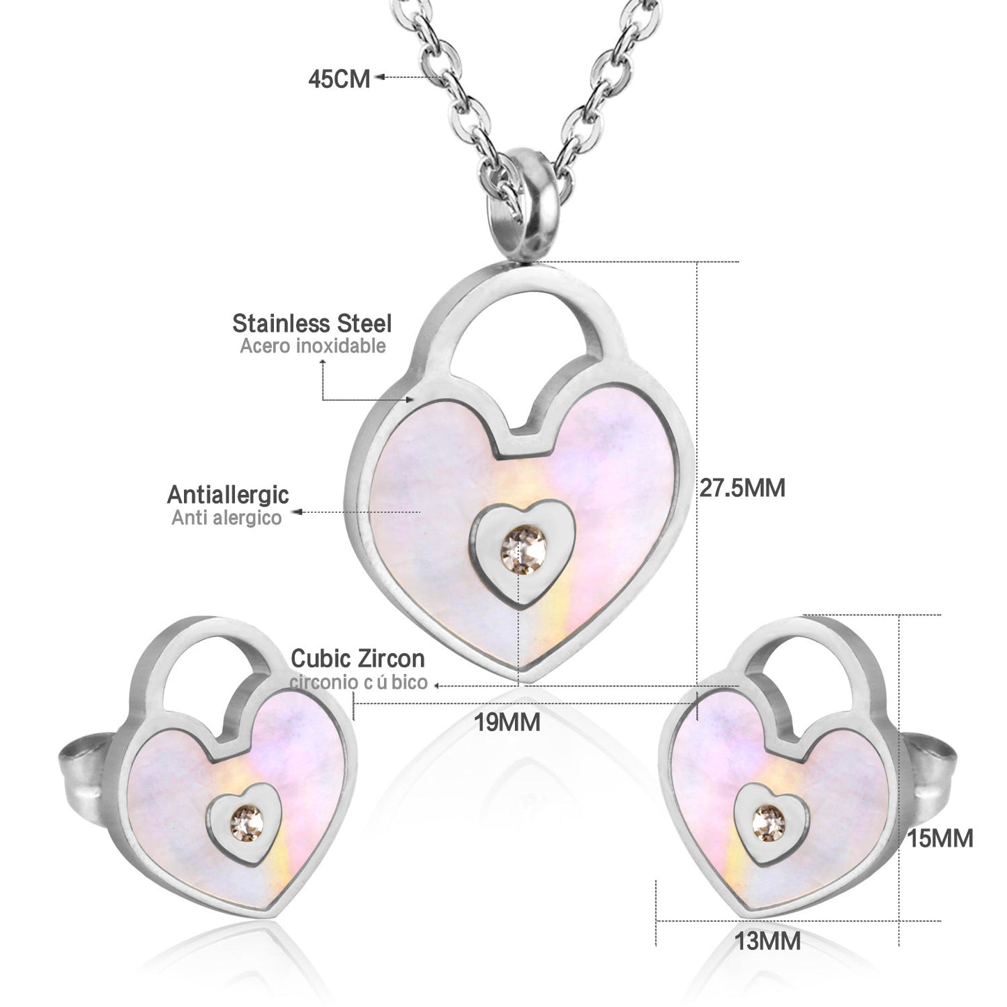 Gold/Steel Heart Shape Hand Basket White Shell with Diamonds Jewelry Set