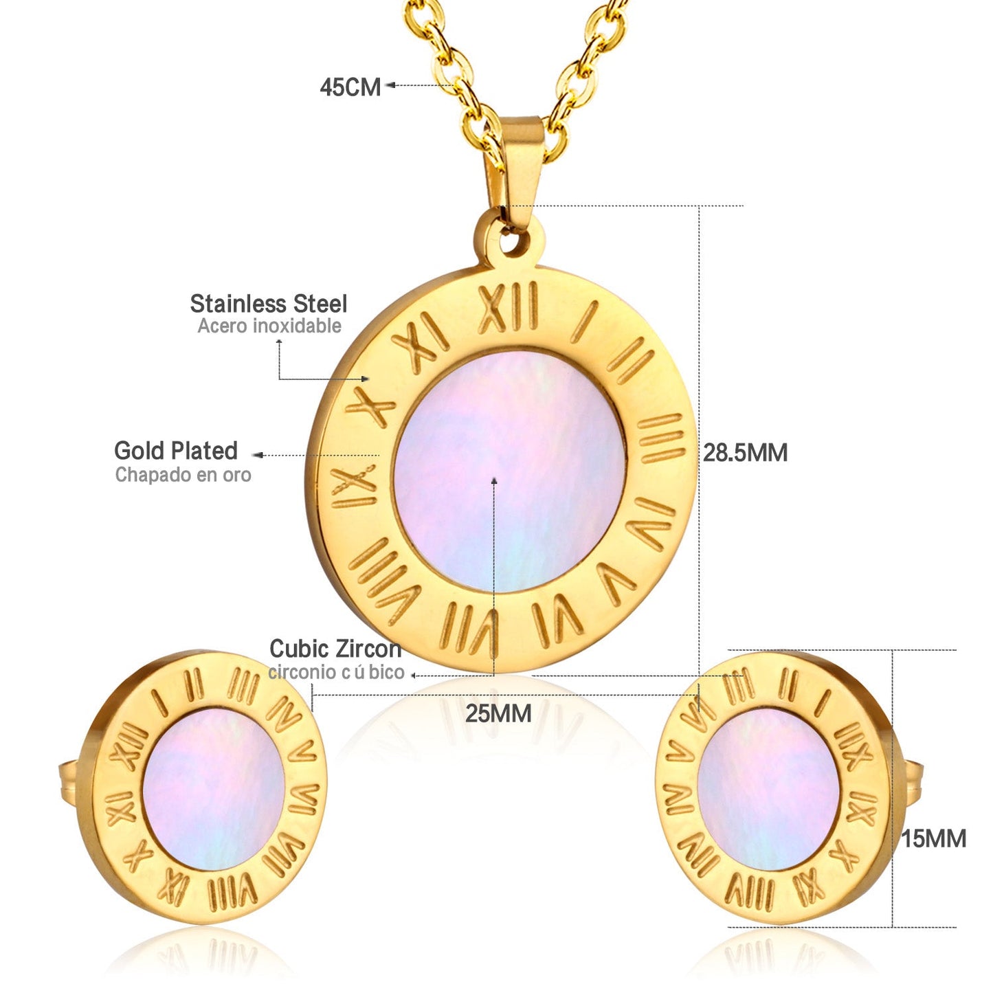 Steel/Golden Cut Glossy Etched Roman Numerals + with White Shells Set