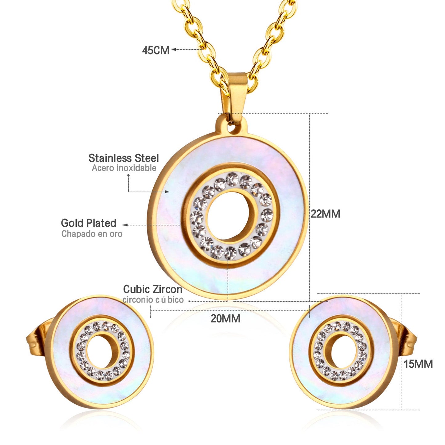 Gold/steel color white shells set with diamonds on top of circle with diamonds jewelry set