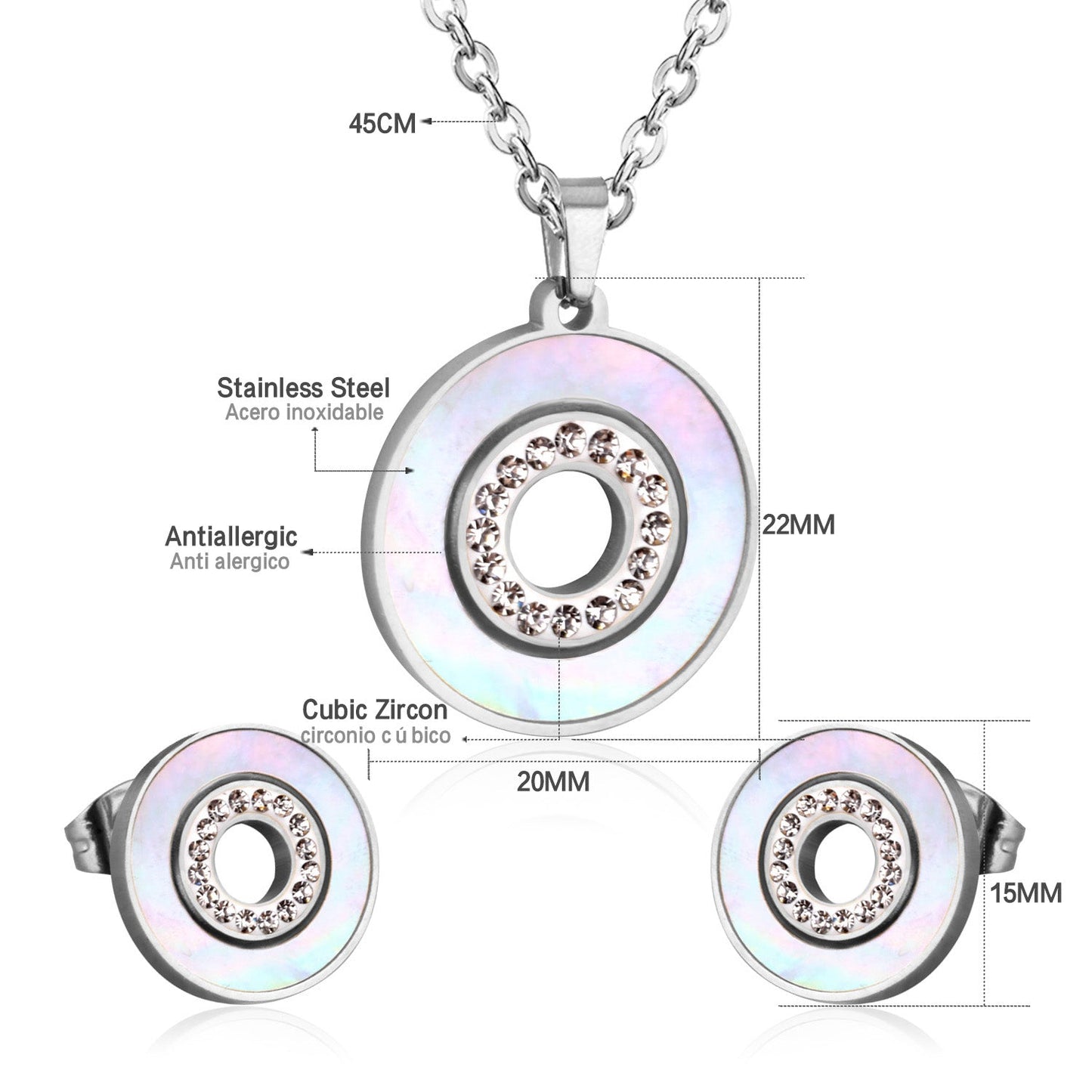 Gold/steel color white shells set with diamonds on top of circle with diamonds jewelry set