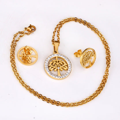 Gold/Steel Round Cut Pattern White Clay Sticky Diamonds Jewelry Set