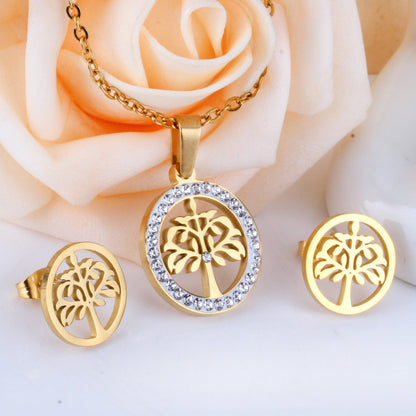 Gold/Steel Round Cut Pattern White Clay Sticky Diamonds Jewelry Set