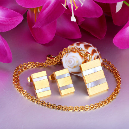 Steel/golden rectangle with two rectangles + shell jewelry set