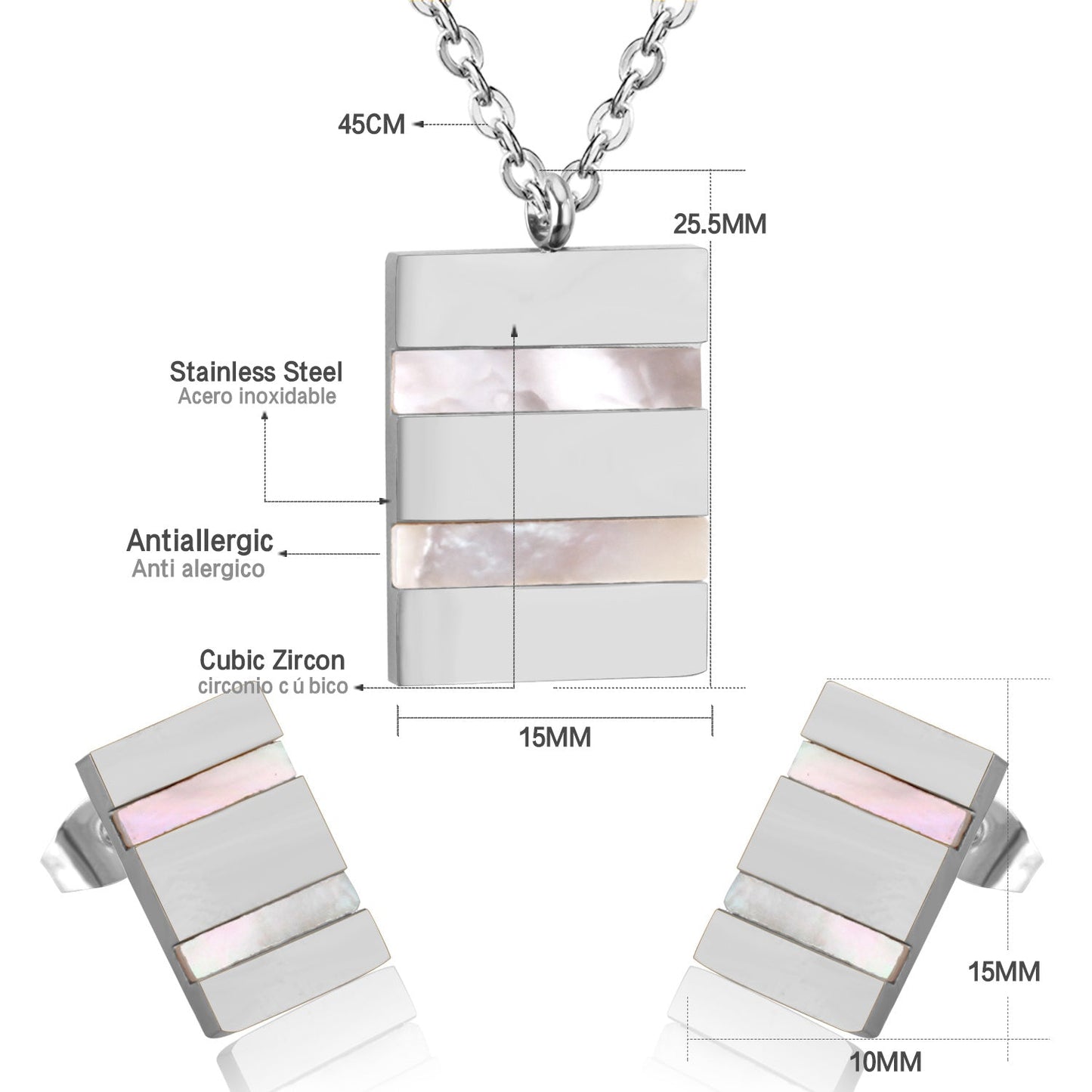 Steel/golden rectangle with two rectangles + shell jewelry set