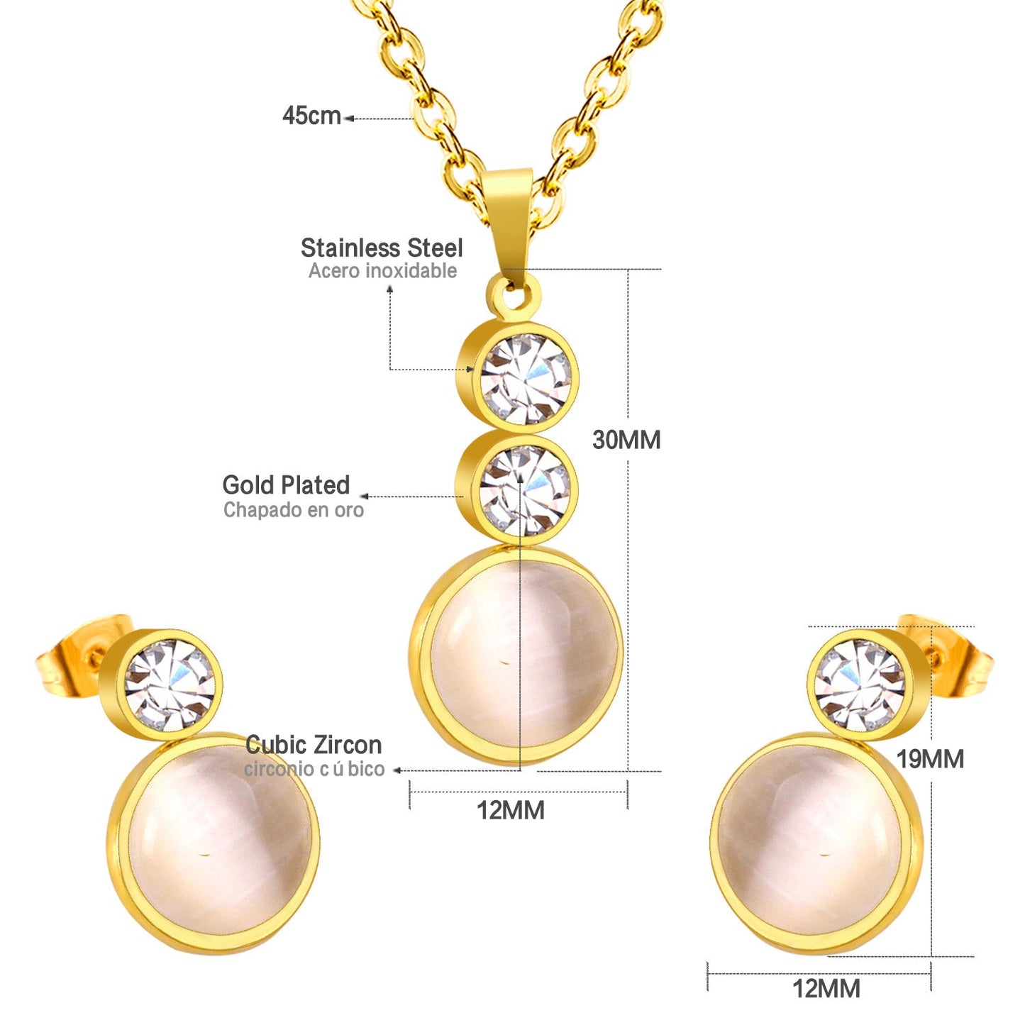 Gold/steel color sticking cat's eye stones + two small round cakes topped with diamonds jewelry set