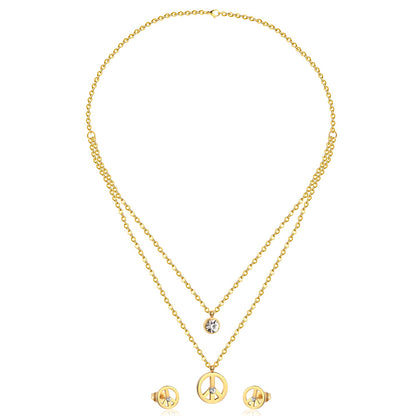 Steel/golden double chain pendant jewelry set with diamonds in the form of a round bridge stand + diamonds on one chain