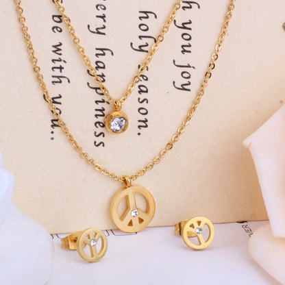 Steel/golden double chain pendant jewelry set with diamonds in the form of a round bridge stand + diamonds on one chain
