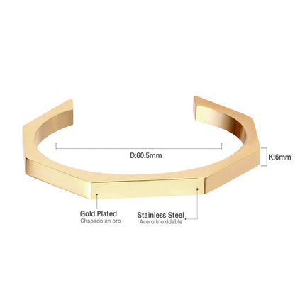 Three colors of black gold-tone steel with an angular face on an open-end rigid bracelet.