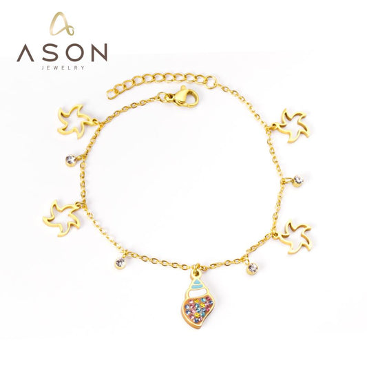 ASON Trendy Conch and Star Charm Bracelet Stainless Steel Bangle 17+3cm Fashion Jewelry for Women Party Gift Accessories