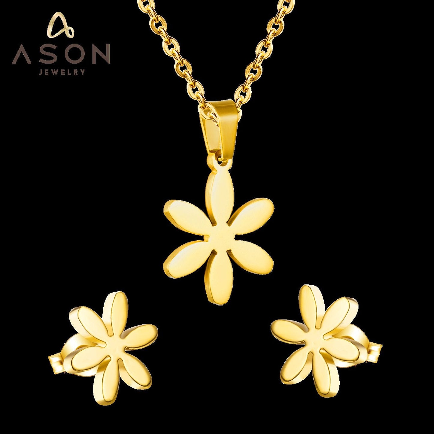ASON Jewelry 316L Stainless Steel Gold Color Jewelry Sets for Women Flower Pendant Necklace Small Earrings for Femme