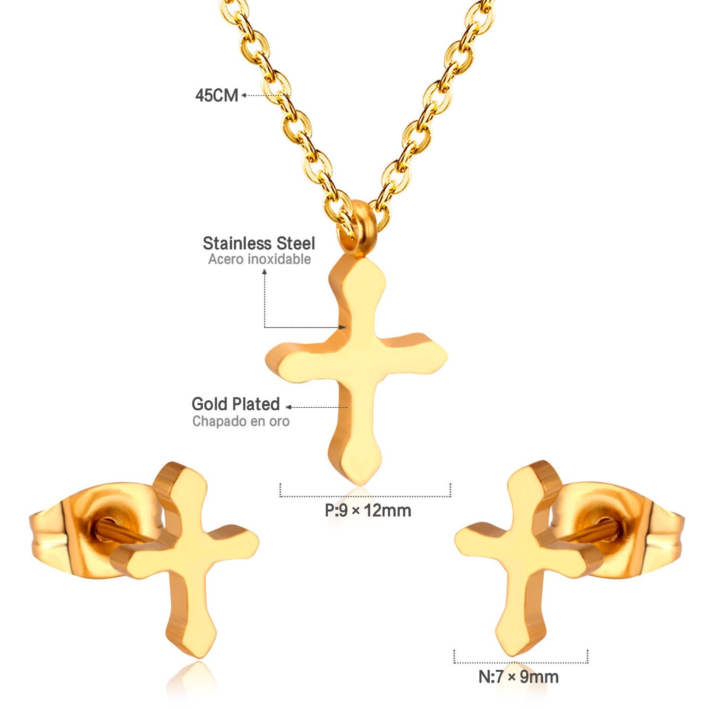 Steel/Golden Cross Cut Jewelry Set without Diamonds