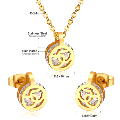 Gold/Steel Round Pendant Jewelry Set with Zirconia