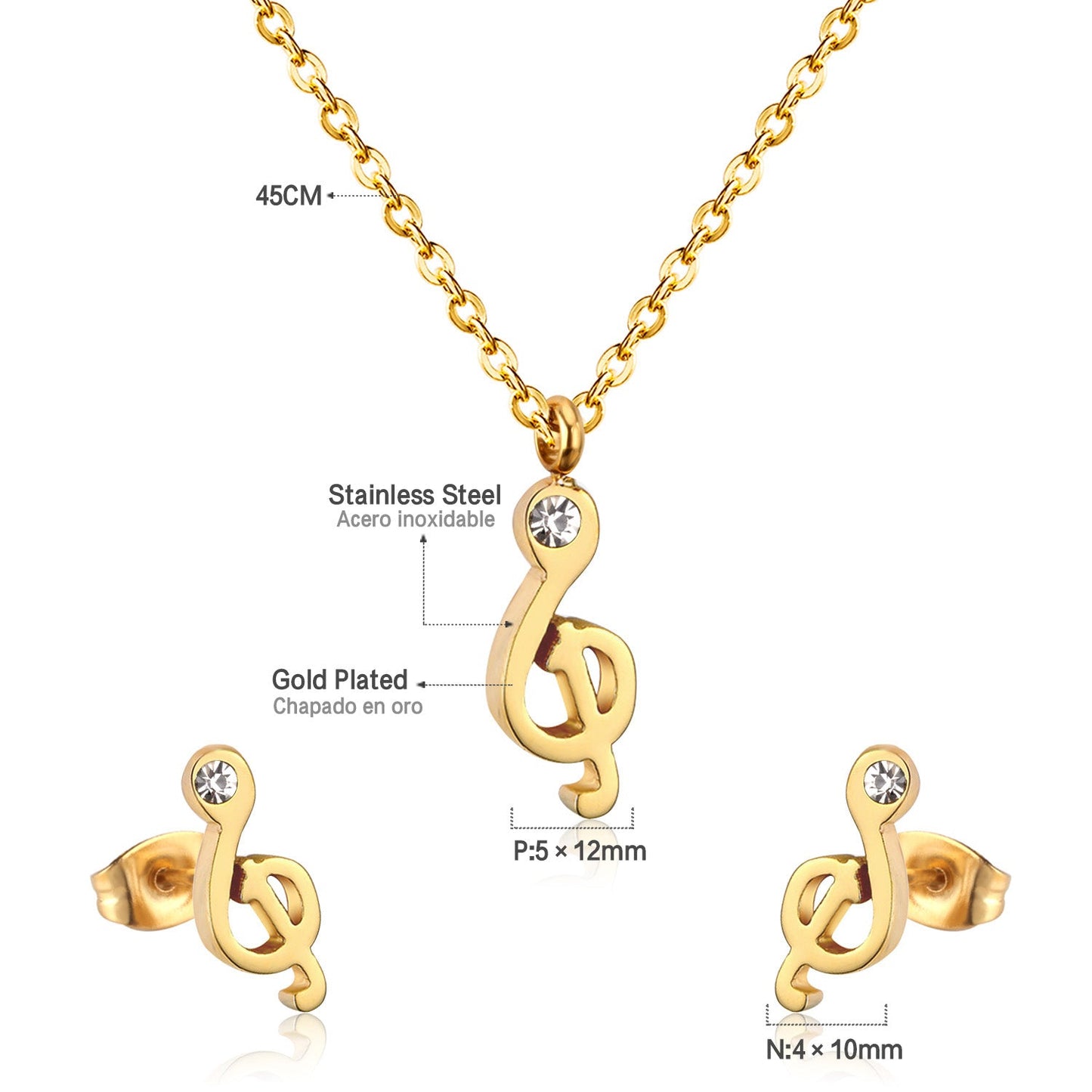 Gold/Steel Music Note Cut Jewelry Set with Diamonds