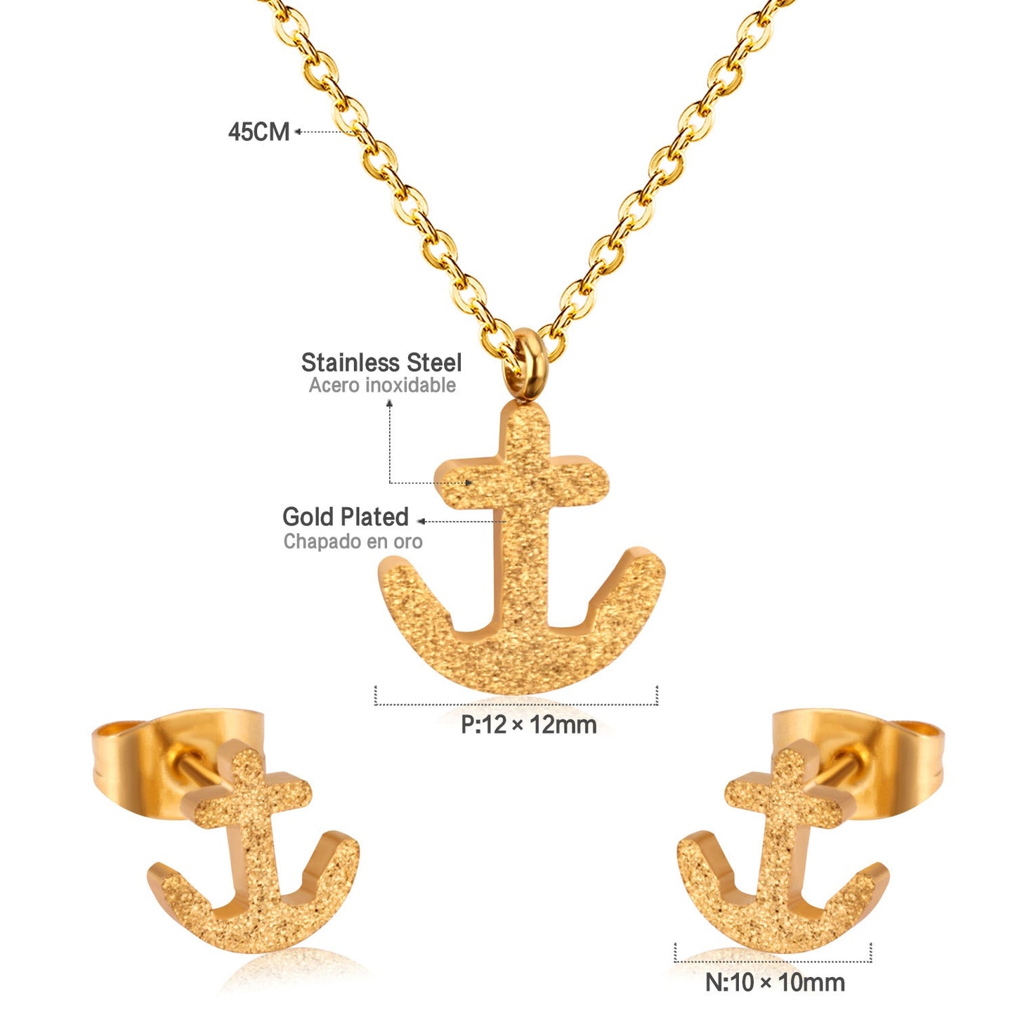 Gold/Steel Frosted/Smooth Cut Anchor Shape Jewelry Set with/without Diamonds
