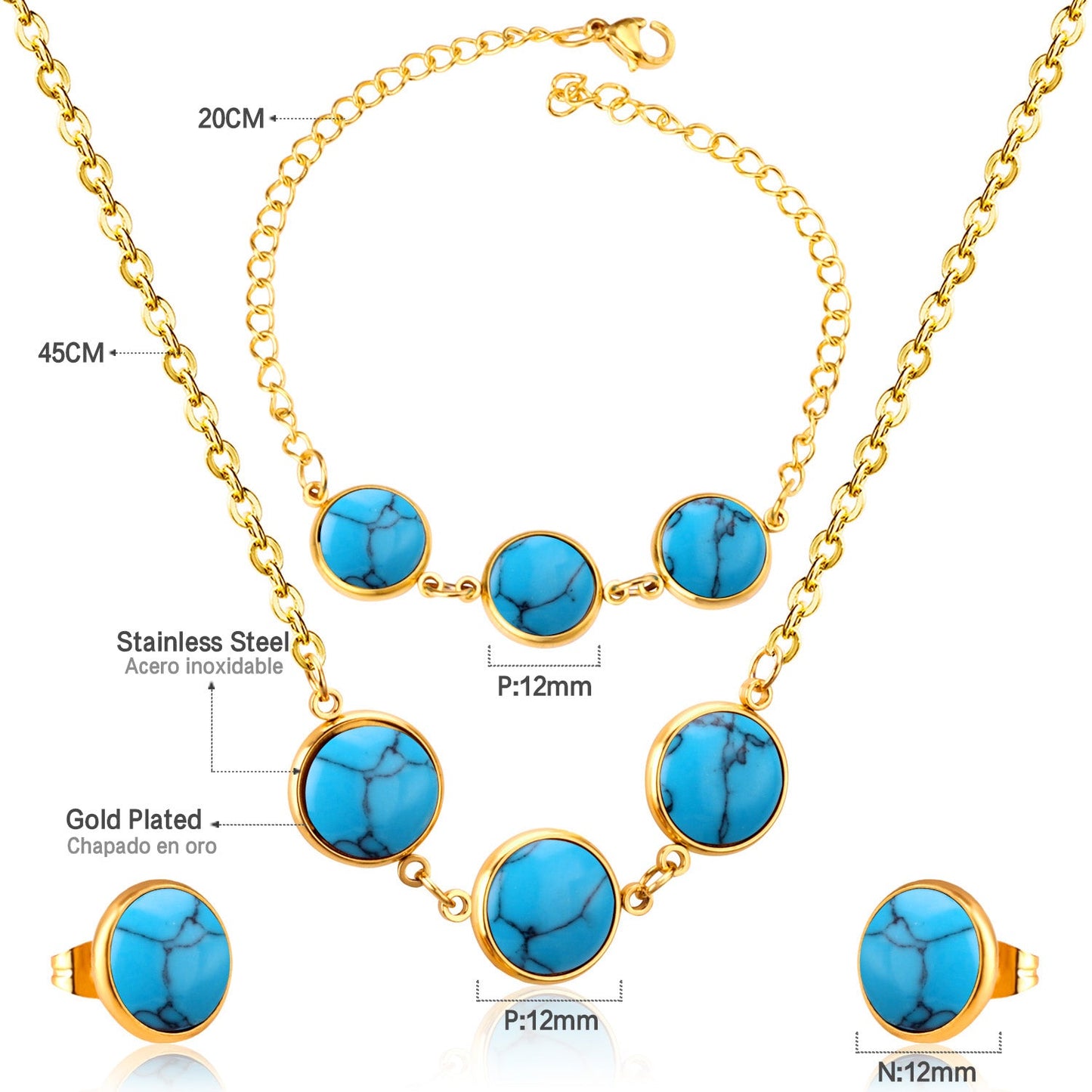 Steel/Gold Deep Red Chrysoberyl/Blue Turquoise/Red Turquoise + Bracelet Jewelry Set