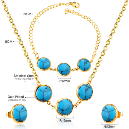 Steel/Gold Deep Red Chrysoberyl/Blue Turquoise/Red Turquoise + Bracelet Jewelry Set