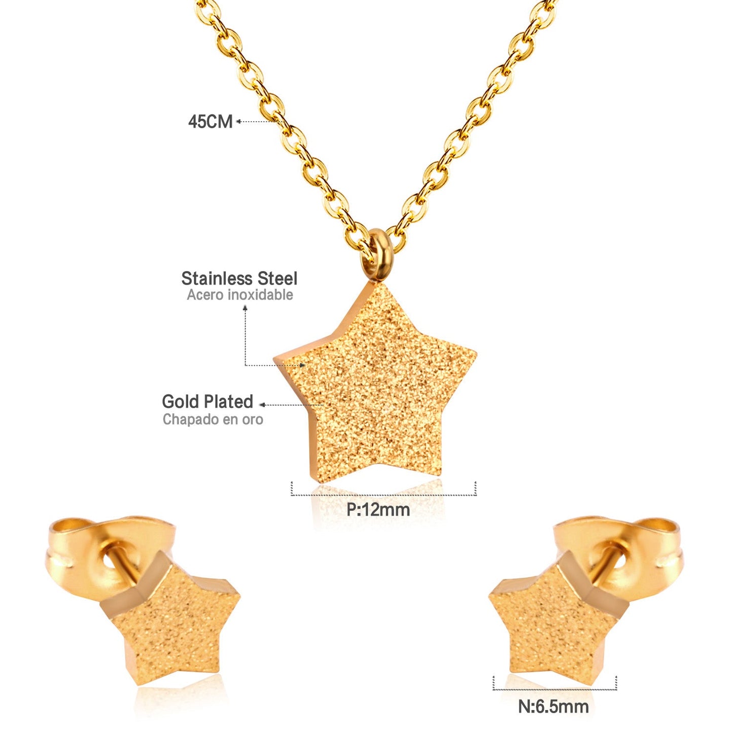 Steel/Gold Pentagram Cut and Frosted Jewelry Set without Diamonds