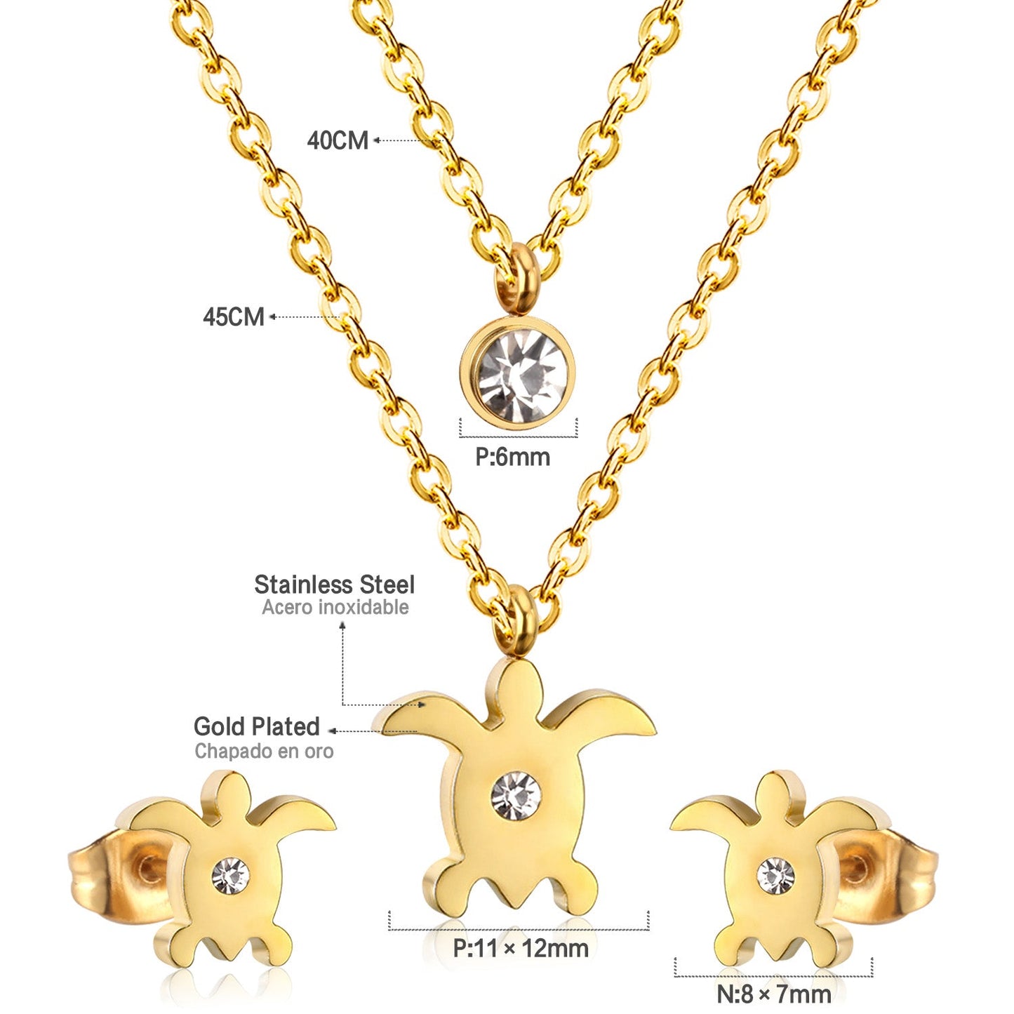Gold/steel double chain pendant jewelry set in the shape of a small sea turtle with diamonds