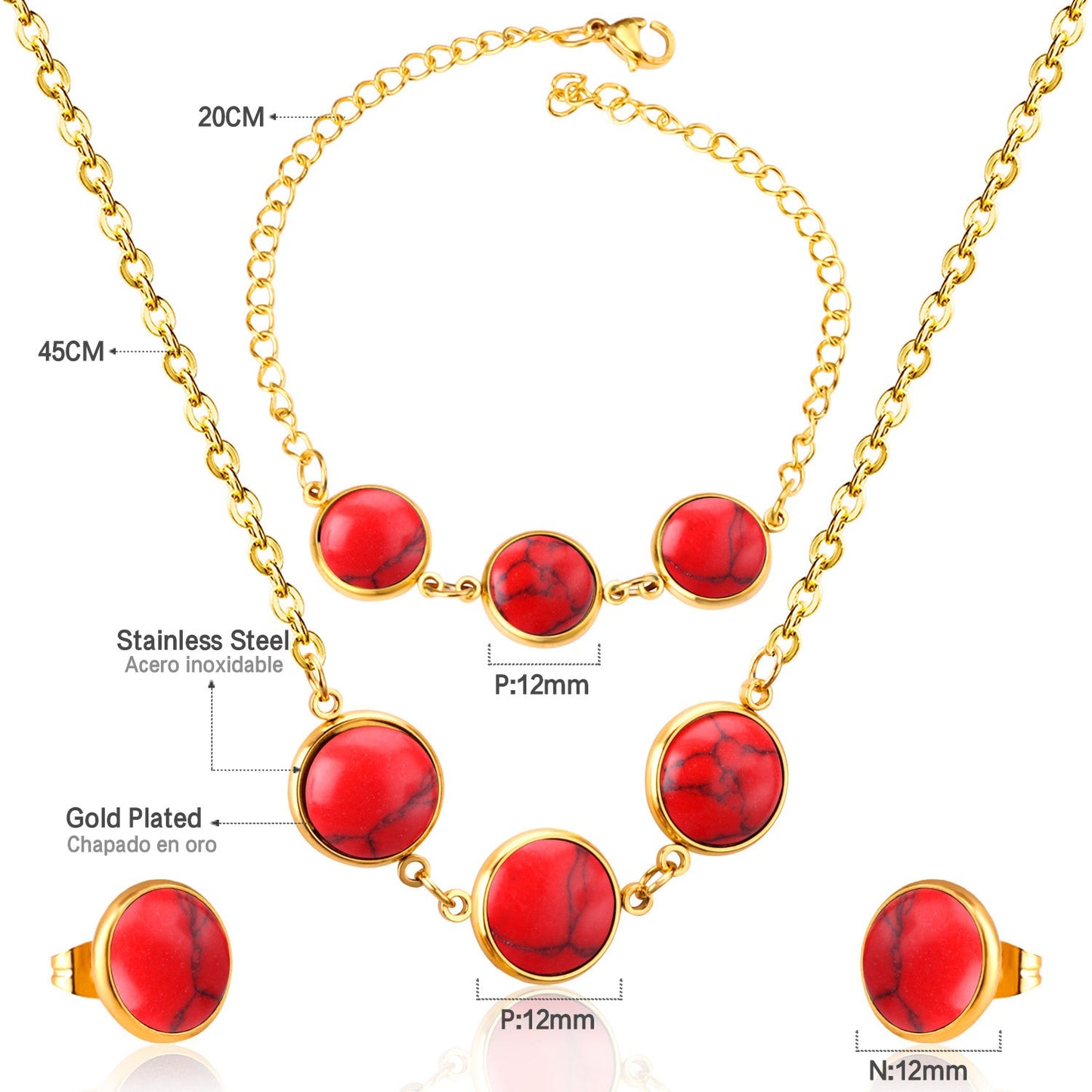 Steel/Gold Deep Red Chrysoberyl/Blue Turquoise/Red Turquoise + Bracelet Jewelry Set