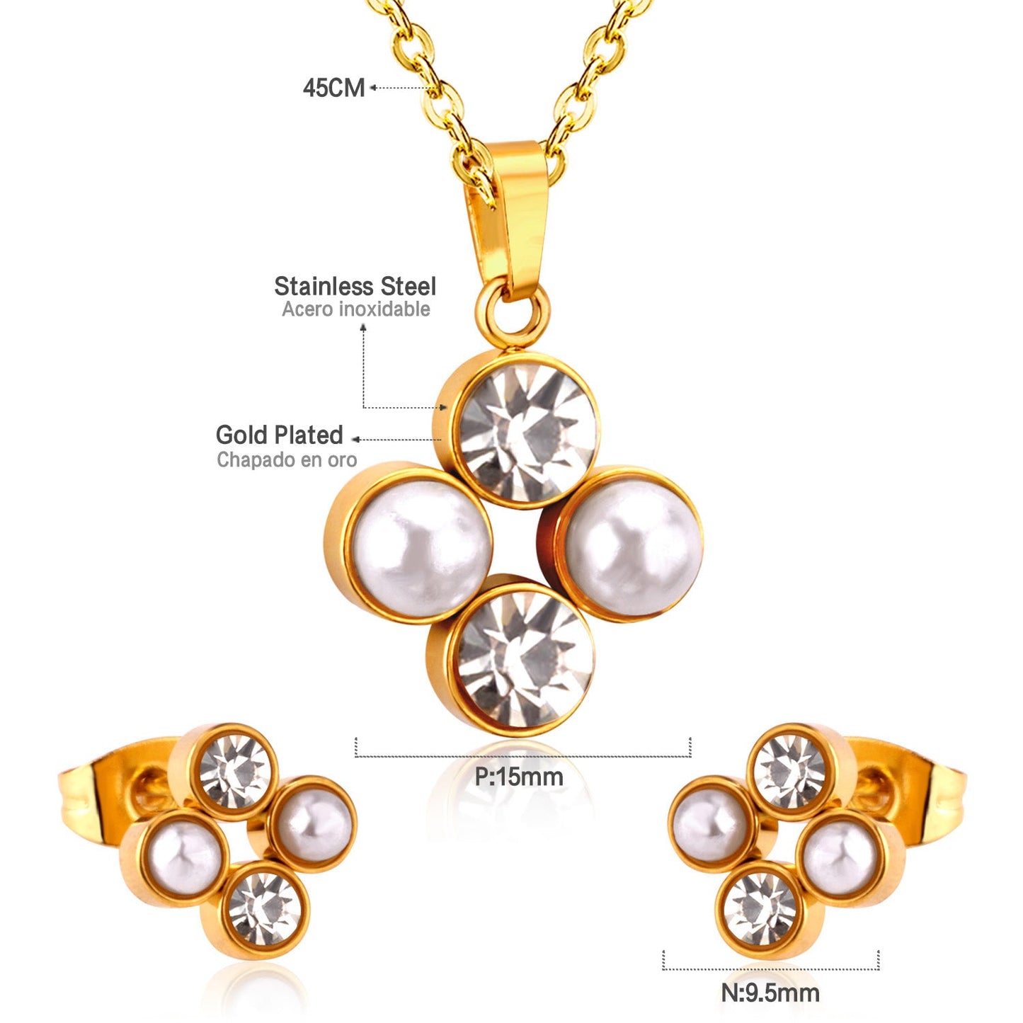Steel/golden four-flower white pearl+diamond jewelry set