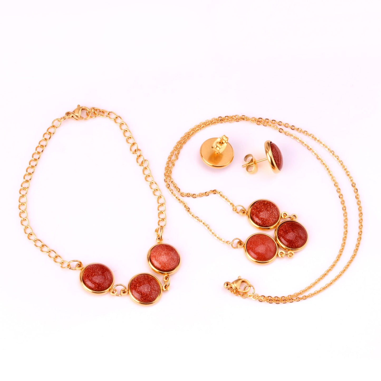 Steel/Gold Deep Red Chrysoberyl/Blue Turquoise/Red Turquoise + Bracelet Jewelry Set