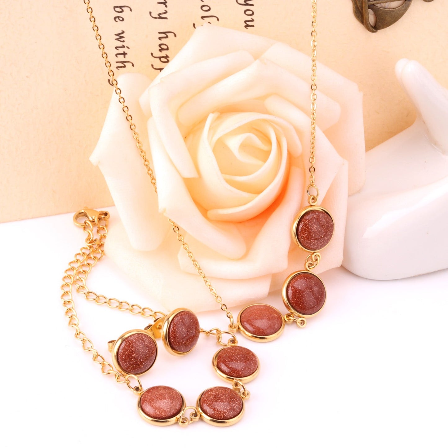 Steel/Gold Deep Red Chrysoberyl/Blue Turquoise/Red Turquoise + Bracelet Jewelry Set
