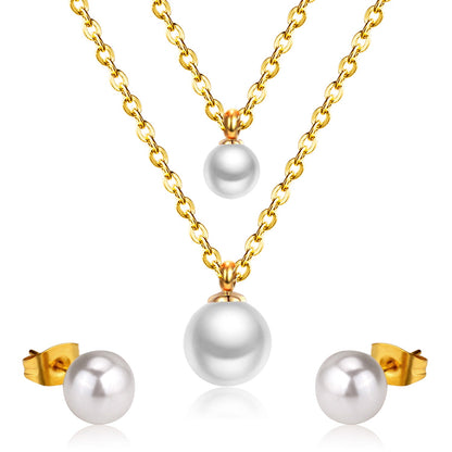 Gold/Steel One Large White Pearl Double Chain Set