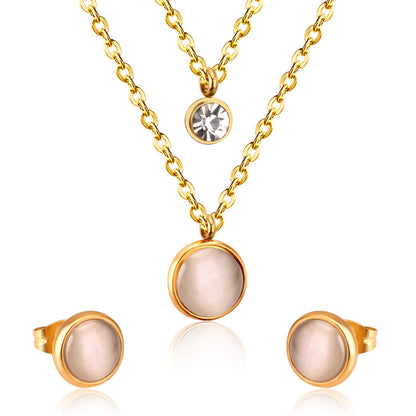 Gold/Steel with Diamonds Double Chain White Cat's Eye Stone Jewelry Set