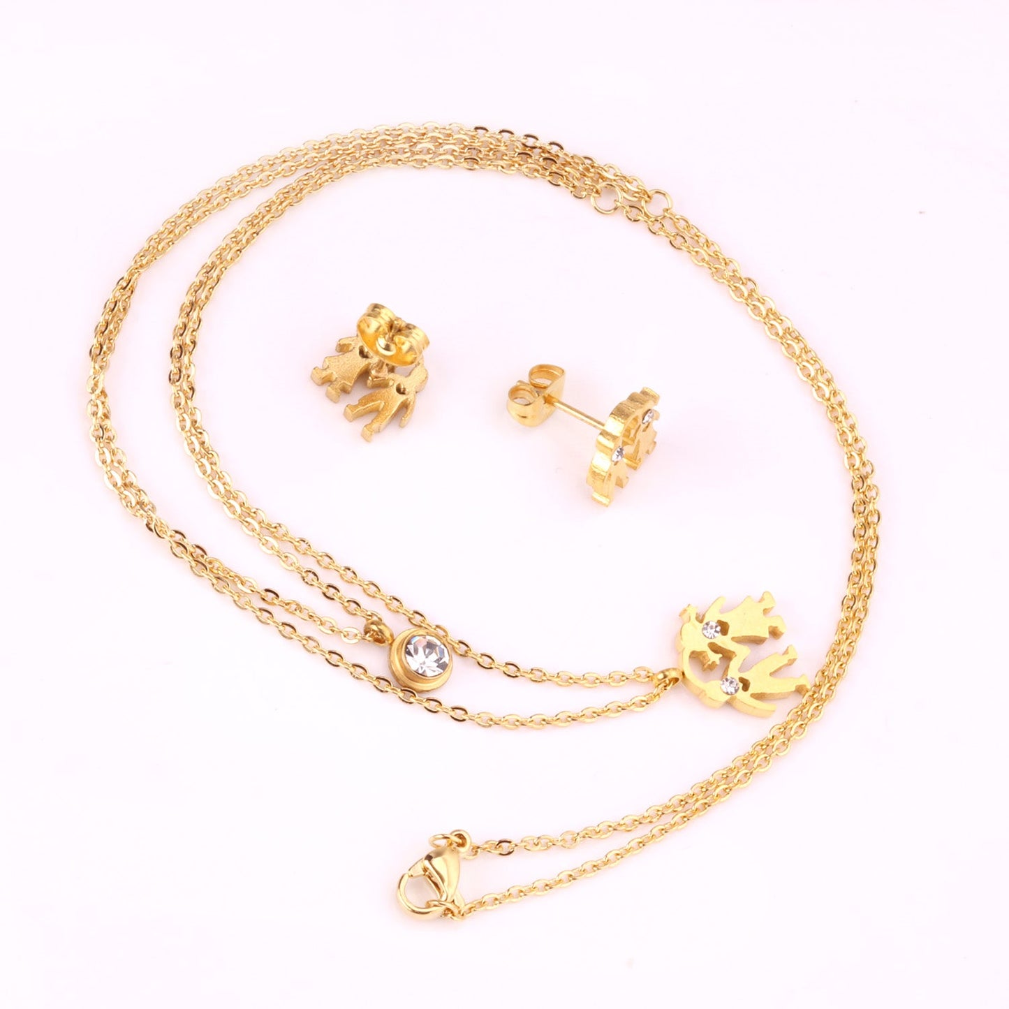 Gold/Steel Two Color Double Chain Pendant Jewelry Set with Diamonds