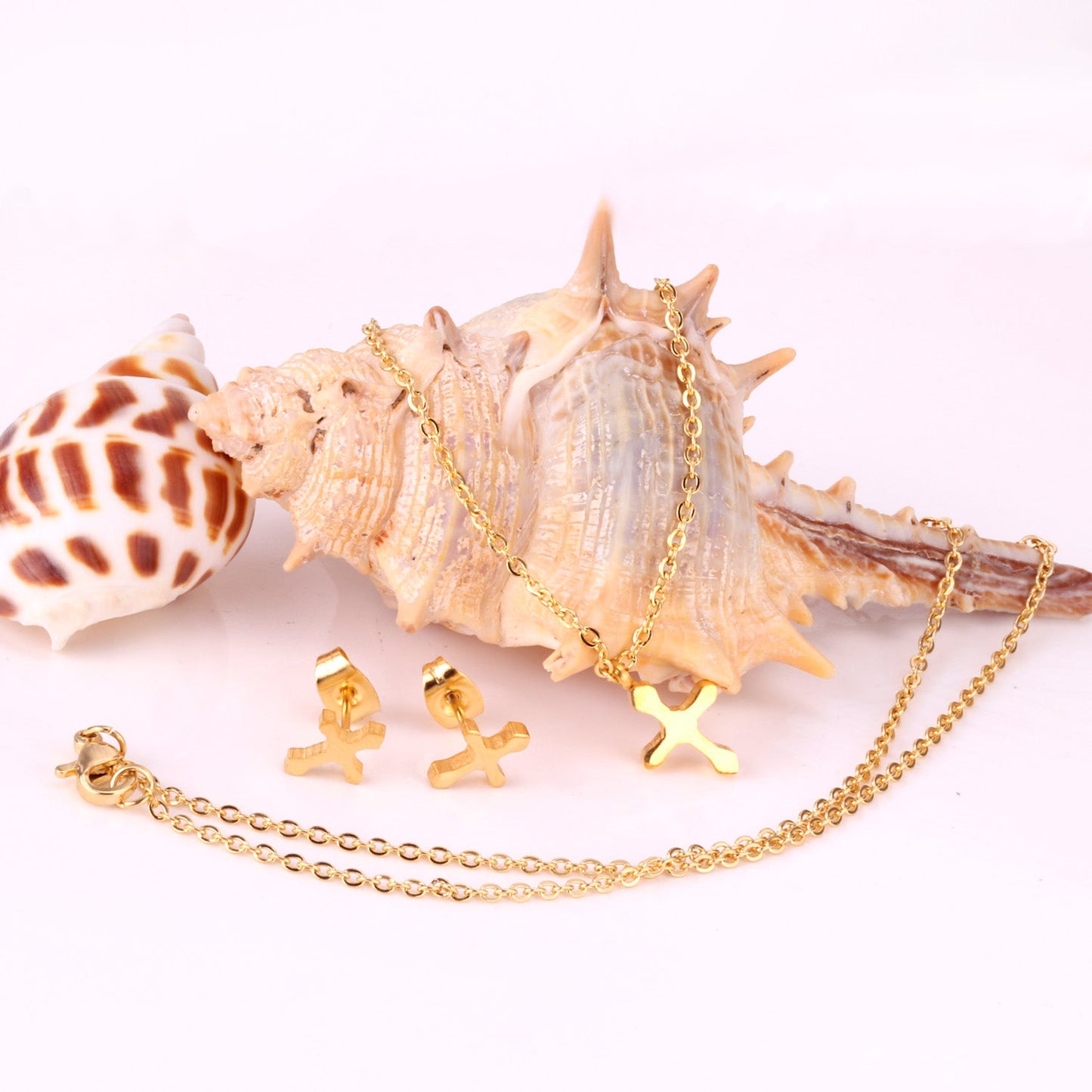 Steel/Golden Cross Cut Jewelry Set without Diamonds