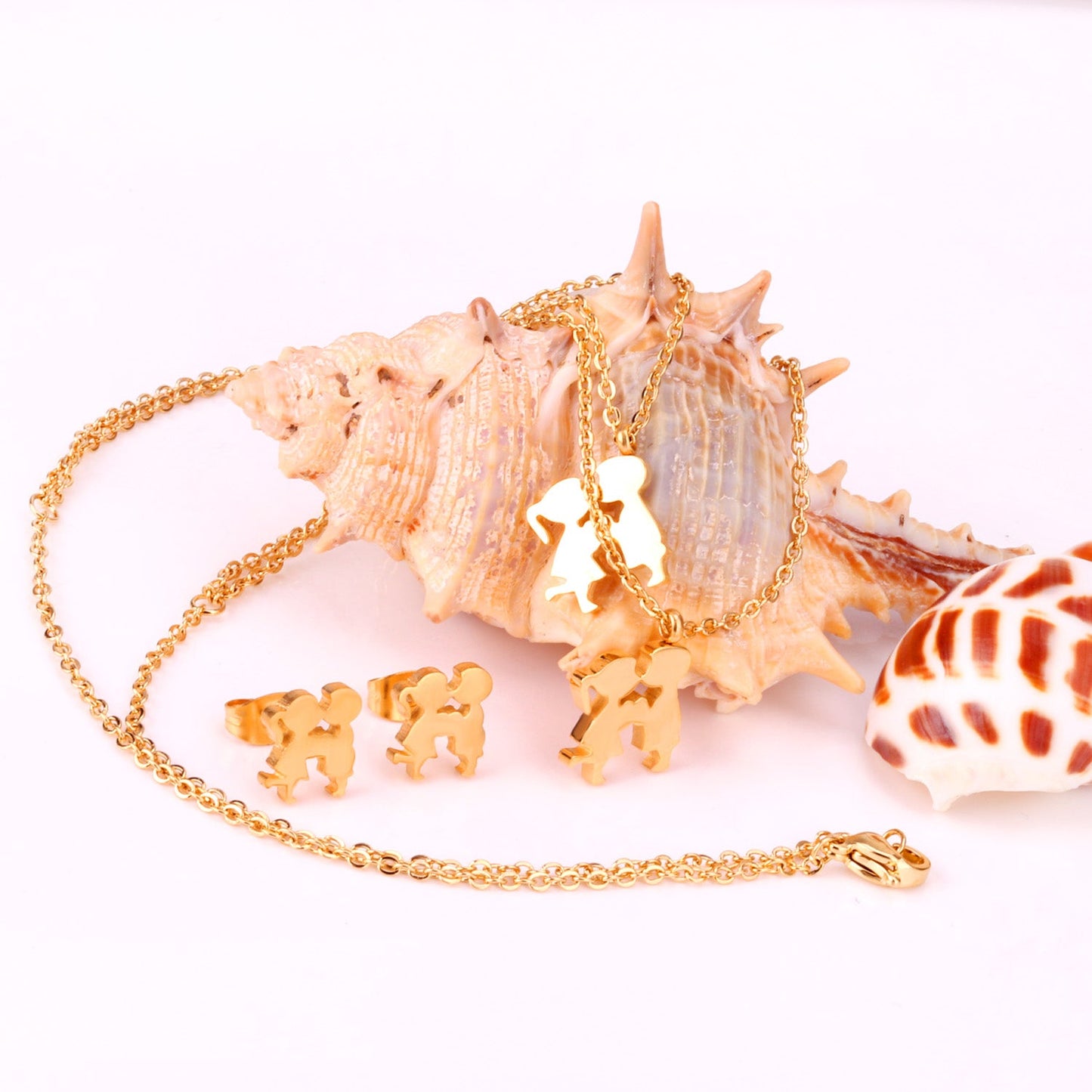 Gold/steel two children playing double chain pendant jewelry set