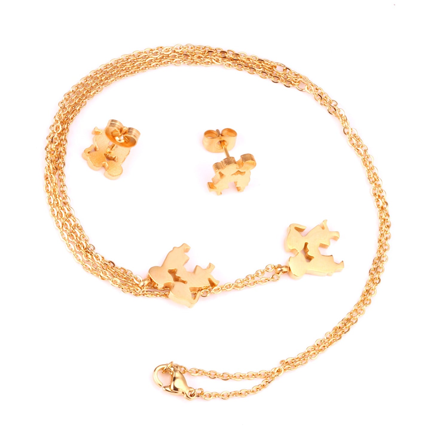 Gold/steel two children playing double chain pendant jewelry set