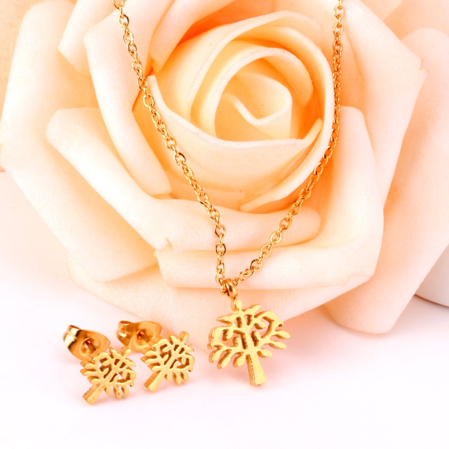 Gold/Steel Frosted/Smooth Flower Shape Jewelry Set without Diamonds