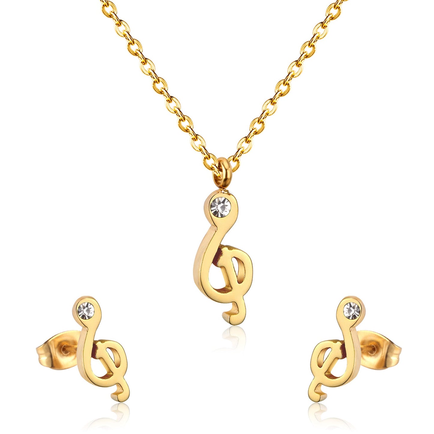 Gold/Steel Music Note Cut Jewelry Set with Diamonds