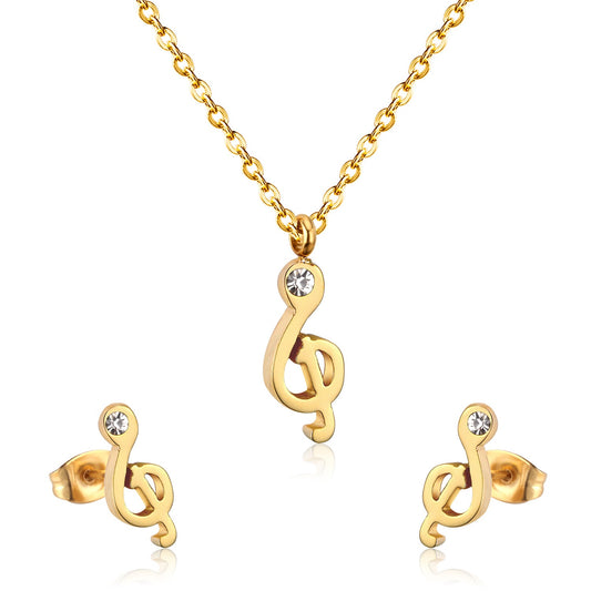 Gold/Steel Music Note Cut Jewelry Set with Diamonds