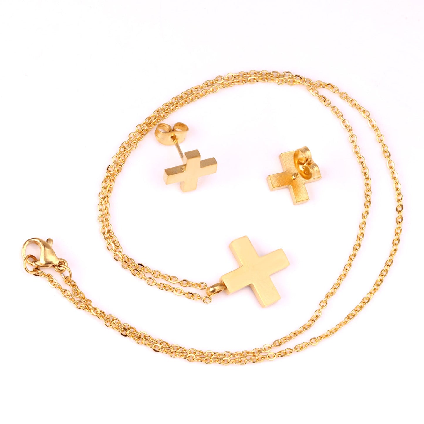 Steel/golden cross shape cut jewelry set without diamonds