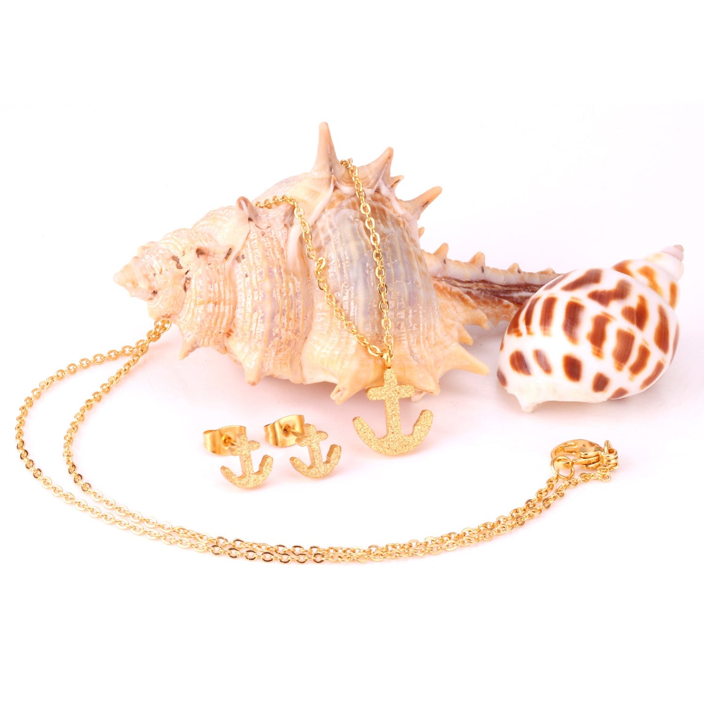 Gold/Steel Frosted/Smooth Cut Anchor Shape Jewelry Set with/without Diamonds