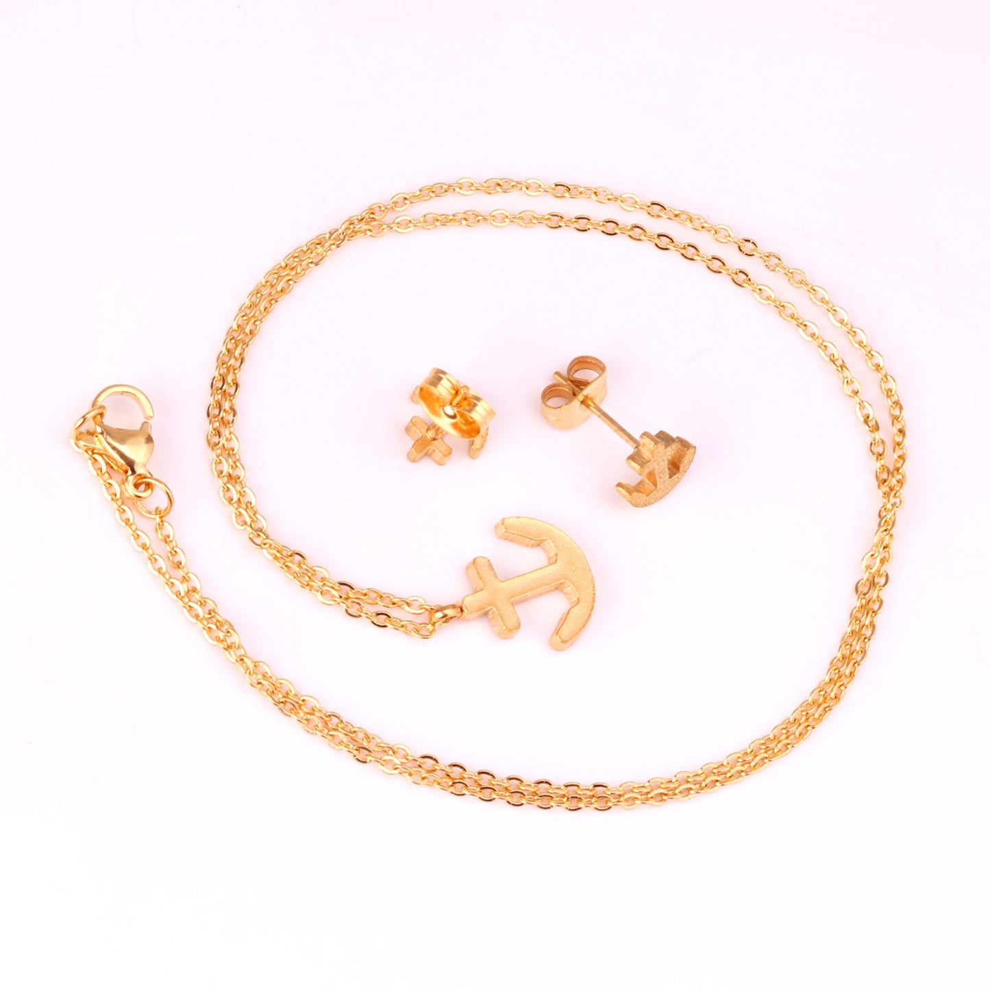 Gold/Steel Frosted/Smooth Cut Anchor Shape Jewelry Set with/without Diamonds