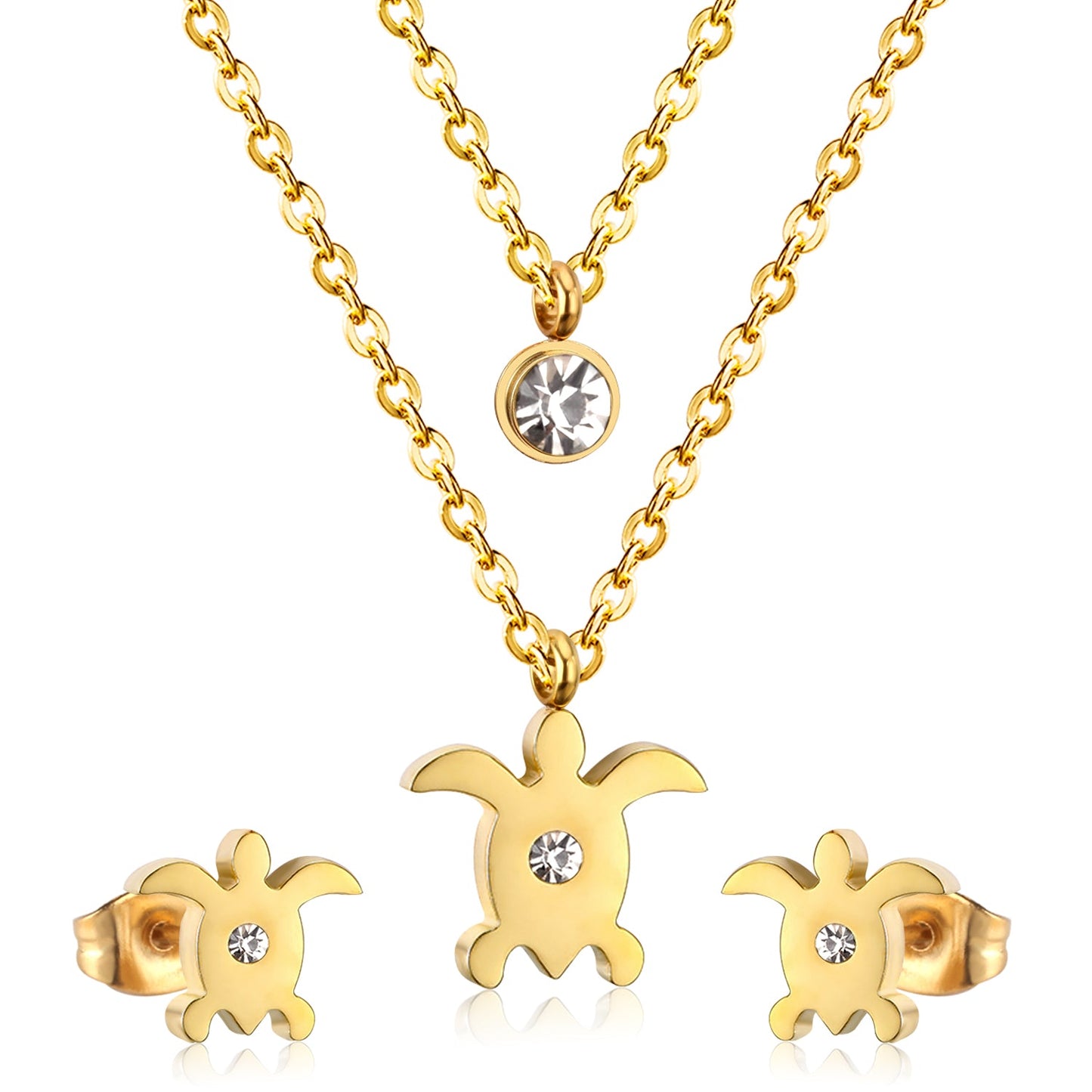 Gold/steel double chain pendant jewelry set in the shape of a small sea turtle with diamonds