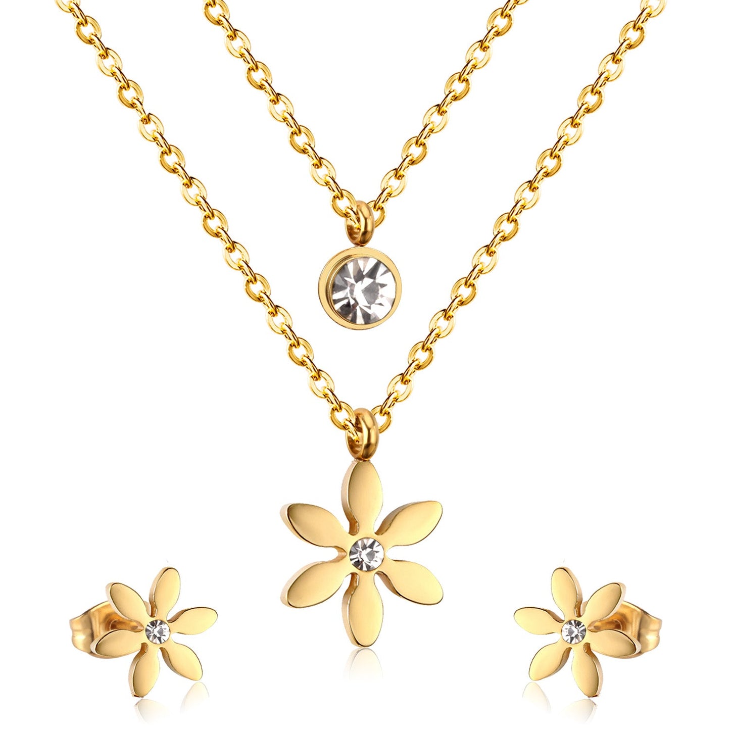 Gold/Steel Two-Chain Pendant Jewelry Set with Diamonds in the Shape of a Snowflake